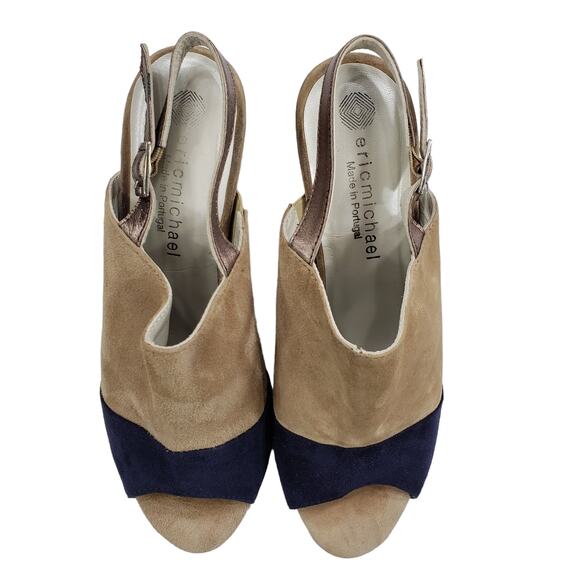 Eric Michael 10 Suede Leather Slingback Heels Womens Tan Black Block 3" Open Toe - Picture 8 of 11